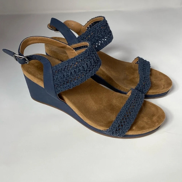 Lucky‎ Brand Crochet Wedge Sandals Navy Blue Leather Woven Crochet Size 8.5 - Picture 1 of 10